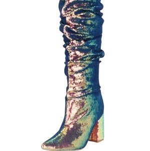 Iridescent Block Heel knee high boots